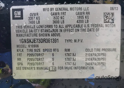 2013 Chevrolet Suburban 1500 Lt from USA, damaged, VIN 1GNSKJE73DR361391